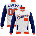 Custom White Orange-Royal Bomber Full-Snap Varsity Letterman Two Tone Jacket photo 1