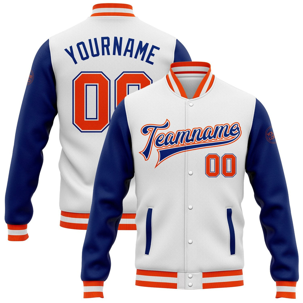 Custom White Orange-Royal Bomber Full-Snap Varsity Letterman Two Tone Jacket photo 1