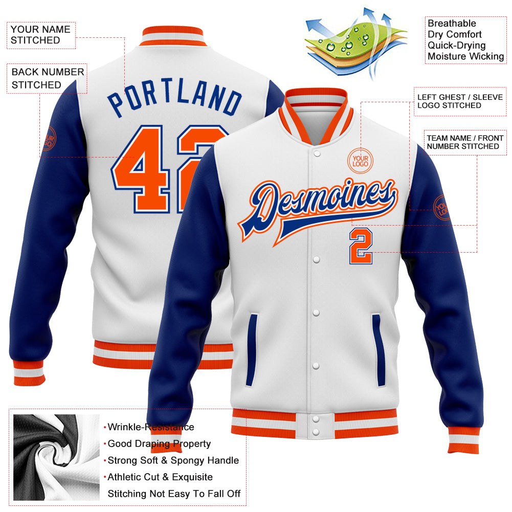 Custom White Orange-Royal Bomber Full-Snap Varsity Letterman Two Tone Jacket photo 5