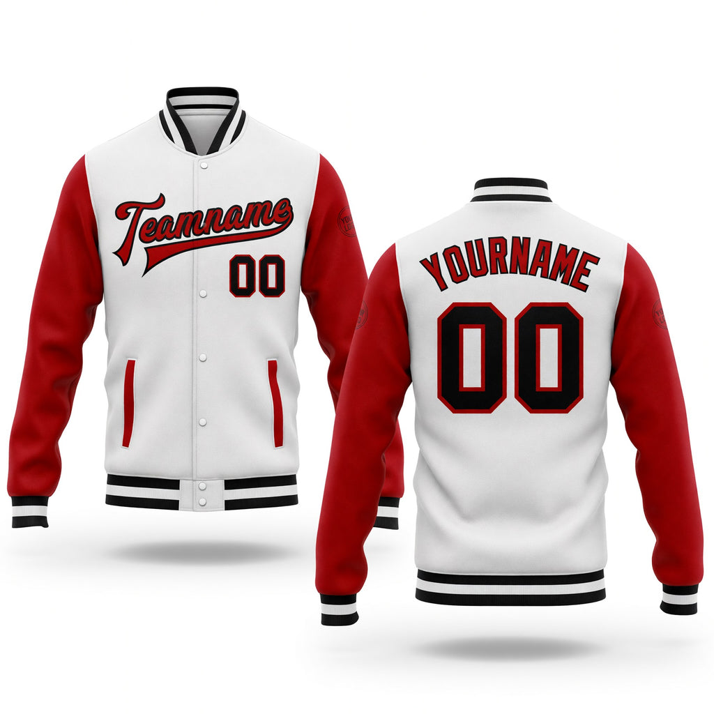 Custom White Black-Red Bomber Full-Snap Varsity Letterman Two Tone Jacket