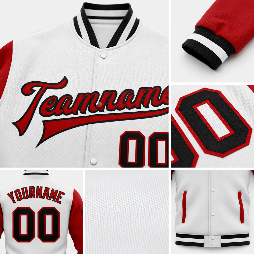 Custom White Black-Red Bomber Full-Snap Varsity Letterman Two Tone Jacket detail