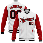 Custom White Black-Red Bomber Full-Snap Varsity Letterman Two Tone Jacket photo 1