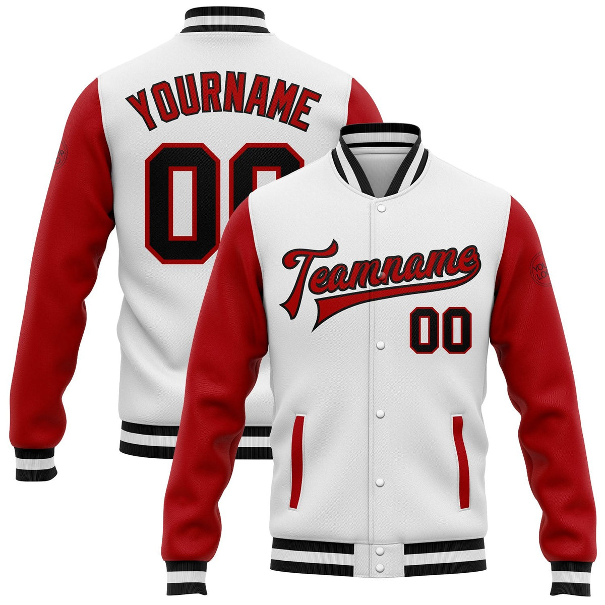 Custom White Black-Red Bomber Full-Snap Varsity Letterman Two Tone Jacket photo 1