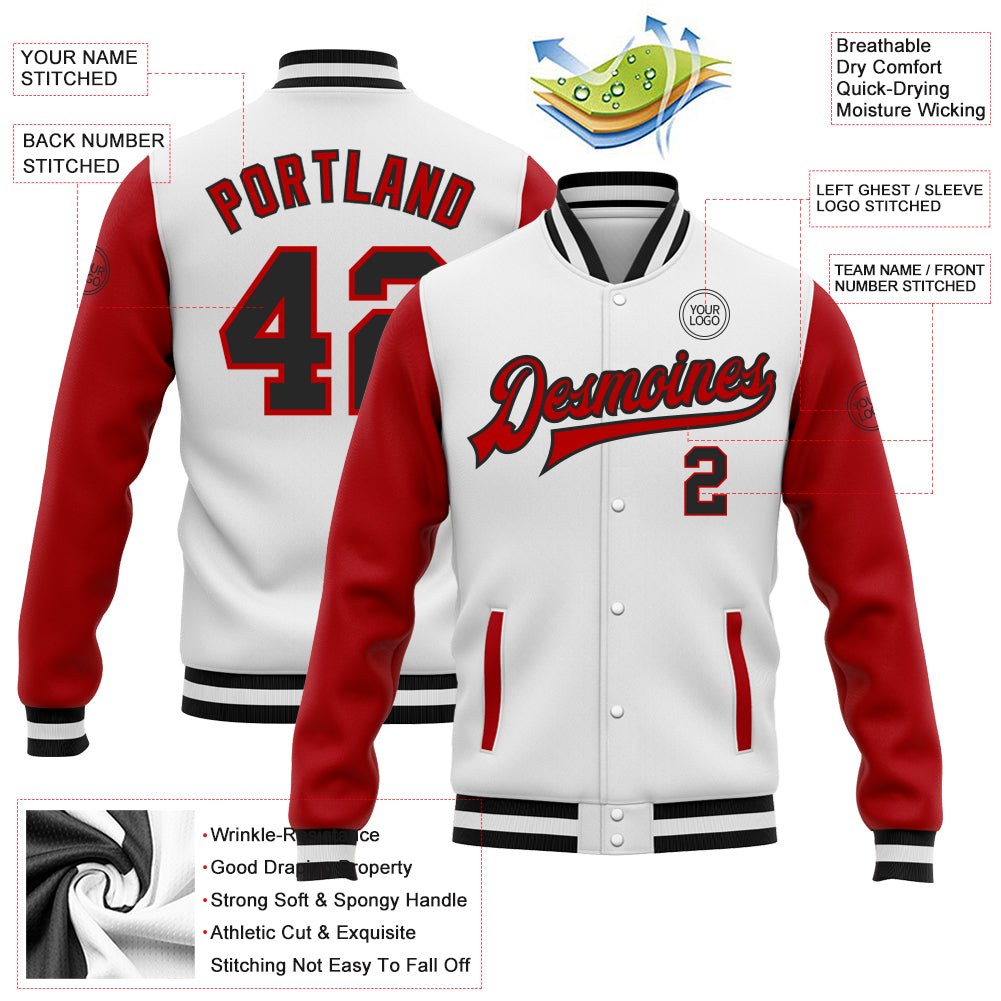 Custom White Black-Red Bomber Full-Snap Varsity Letterman Two Tone Jacket photo 5