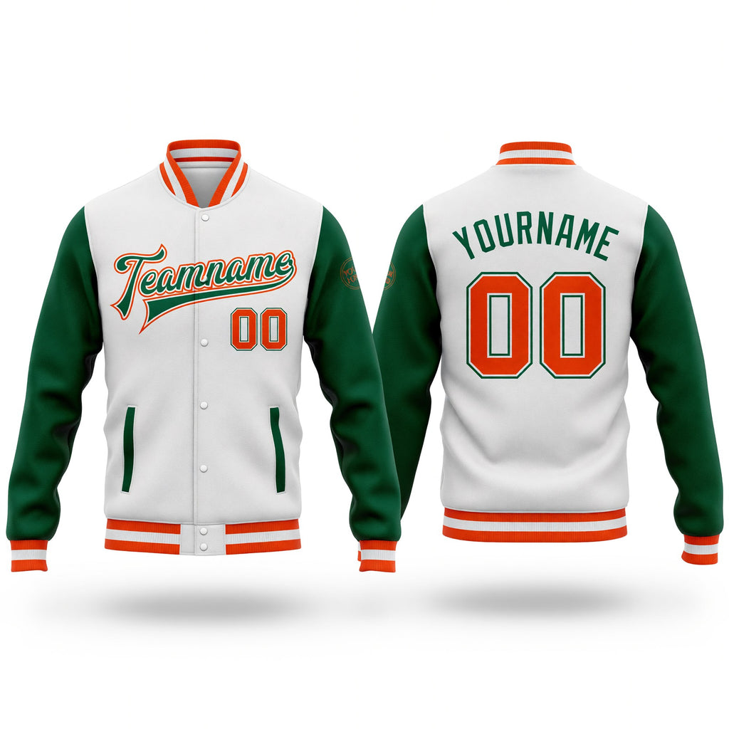 Custom White Orange-Kelly Green Bomber Full-Snap Varsity Letterman Two Tone Jacket