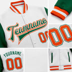 Custom White Orange-Kelly Green Bomber Full-Snap Varsity Letterman Two Tone Jacket detail