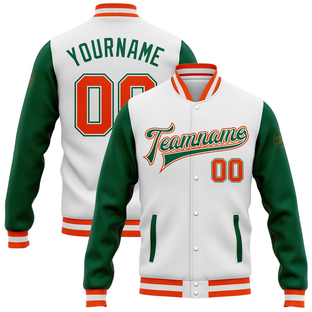 Custom White Orange-Kelly Green Bomber Full-Snap Varsity Letterman Two Tone Jacket photo 1