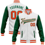 Custom White Orange-Kelly Green Bomber Full-Snap Varsity Letterman Two Tone Jacket photo 1