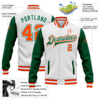 Custom White Orange-Kelly Green Bomber Full-Snap Varsity Letterman Two Tone Jacket photo 5