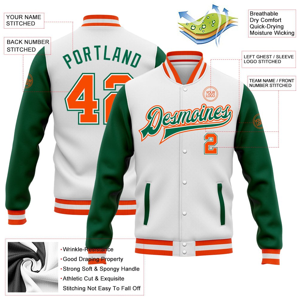 Custom White Orange-Kelly Green Bomber Full-Snap Varsity Letterman Two Tone Jacket photo 5