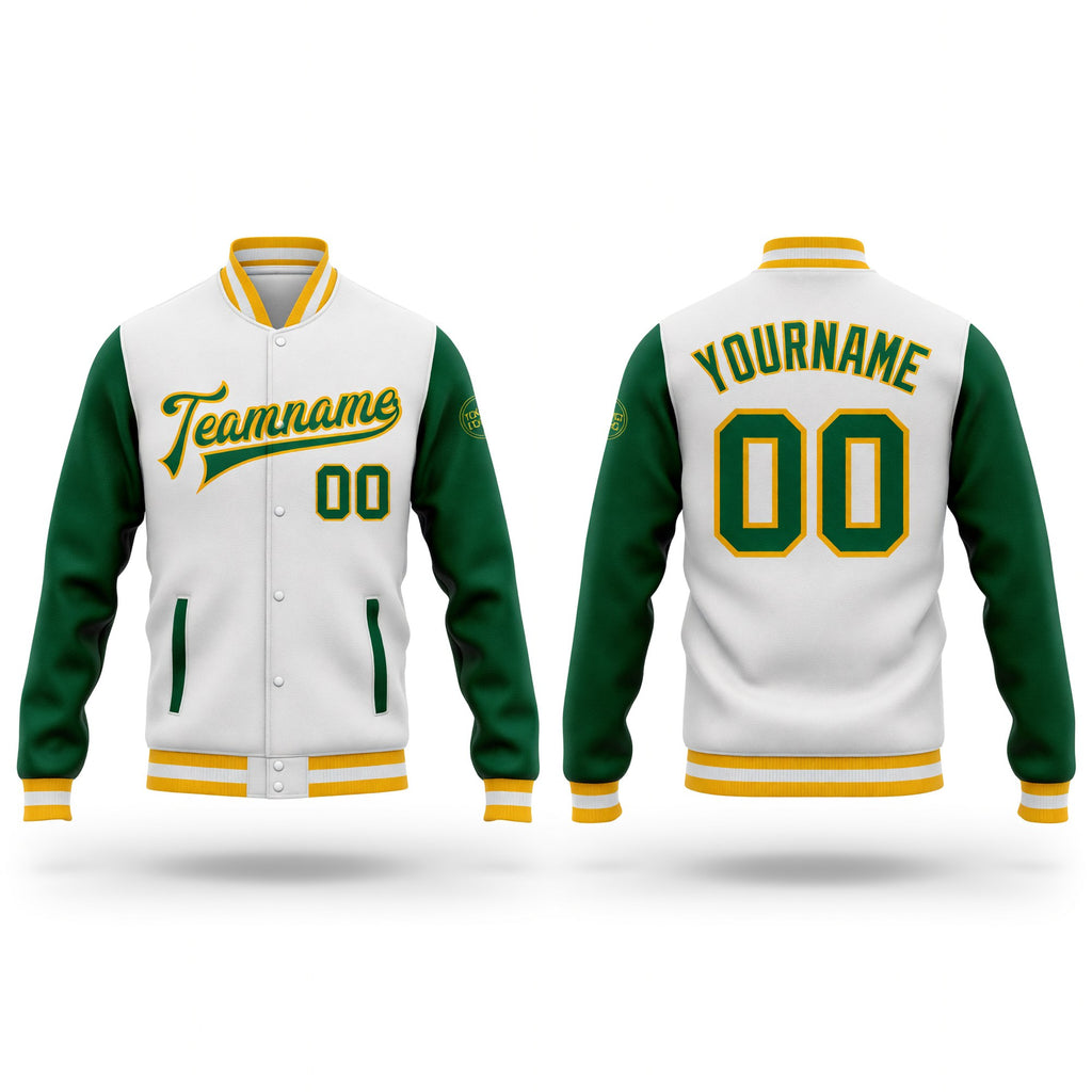 Custom White Kelly Green-Gold Bomber Full-Snap Varsity Letterman Two Tone Jacket