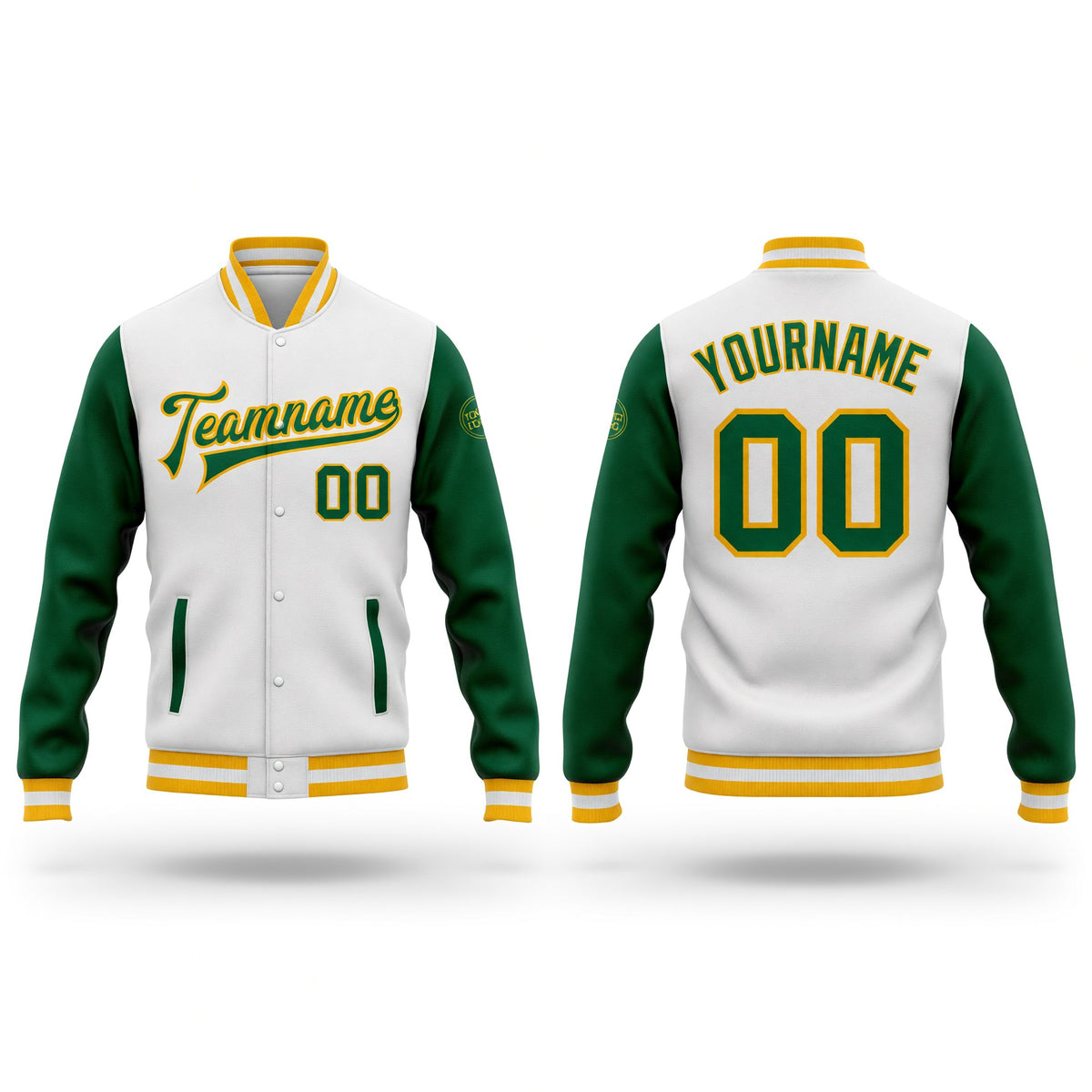 Custom White Kelly Green-Gold Bomber Full-Snap Varsity Letterman Two Tone Jacket