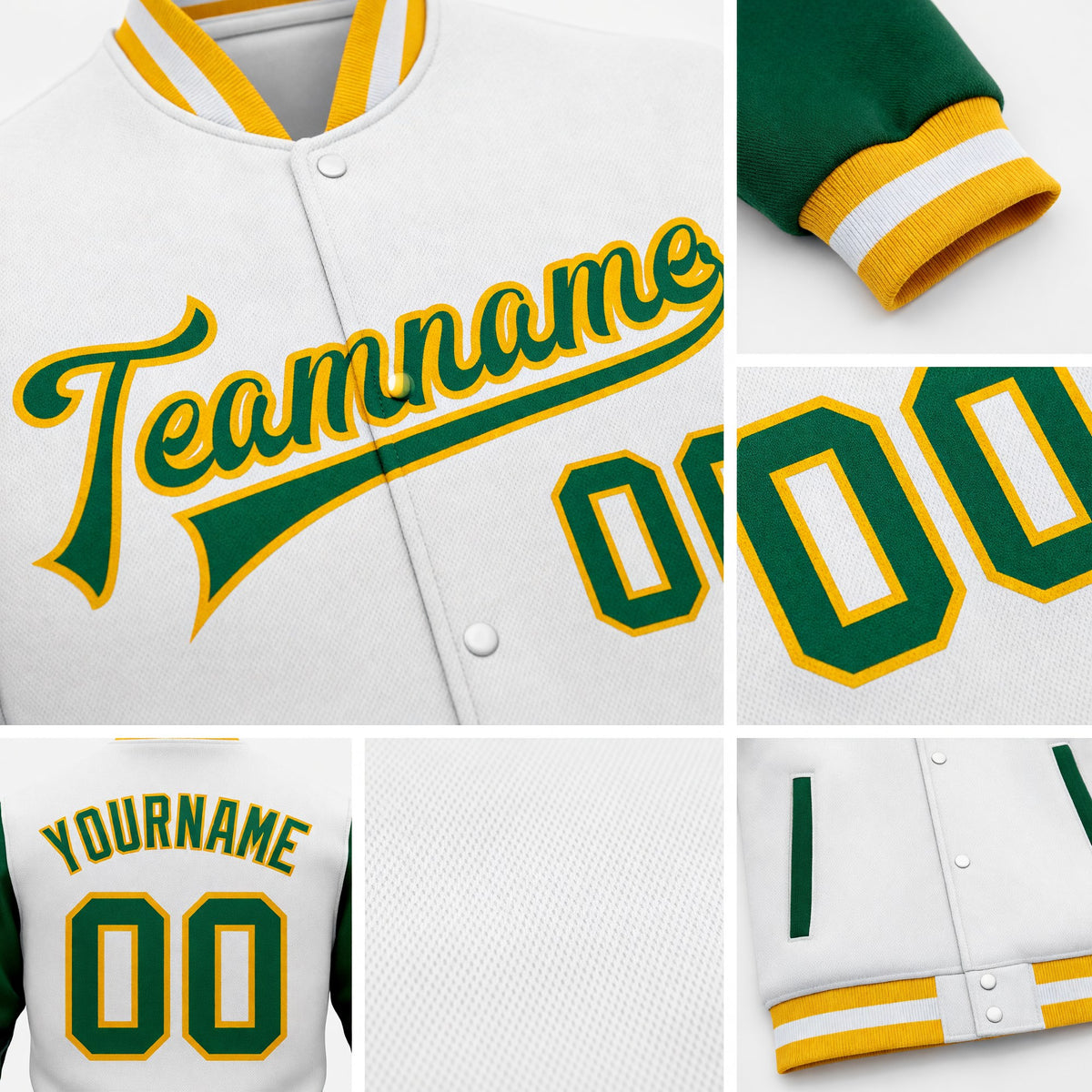 Custom White Kelly Green-Gold Bomber Full-Snap Varsity Letterman Two Tone Jacket detail