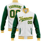 Custom White Kelly Green-Gold Bomber Full-Snap Varsity Letterman Two Tone Jacket photo 1