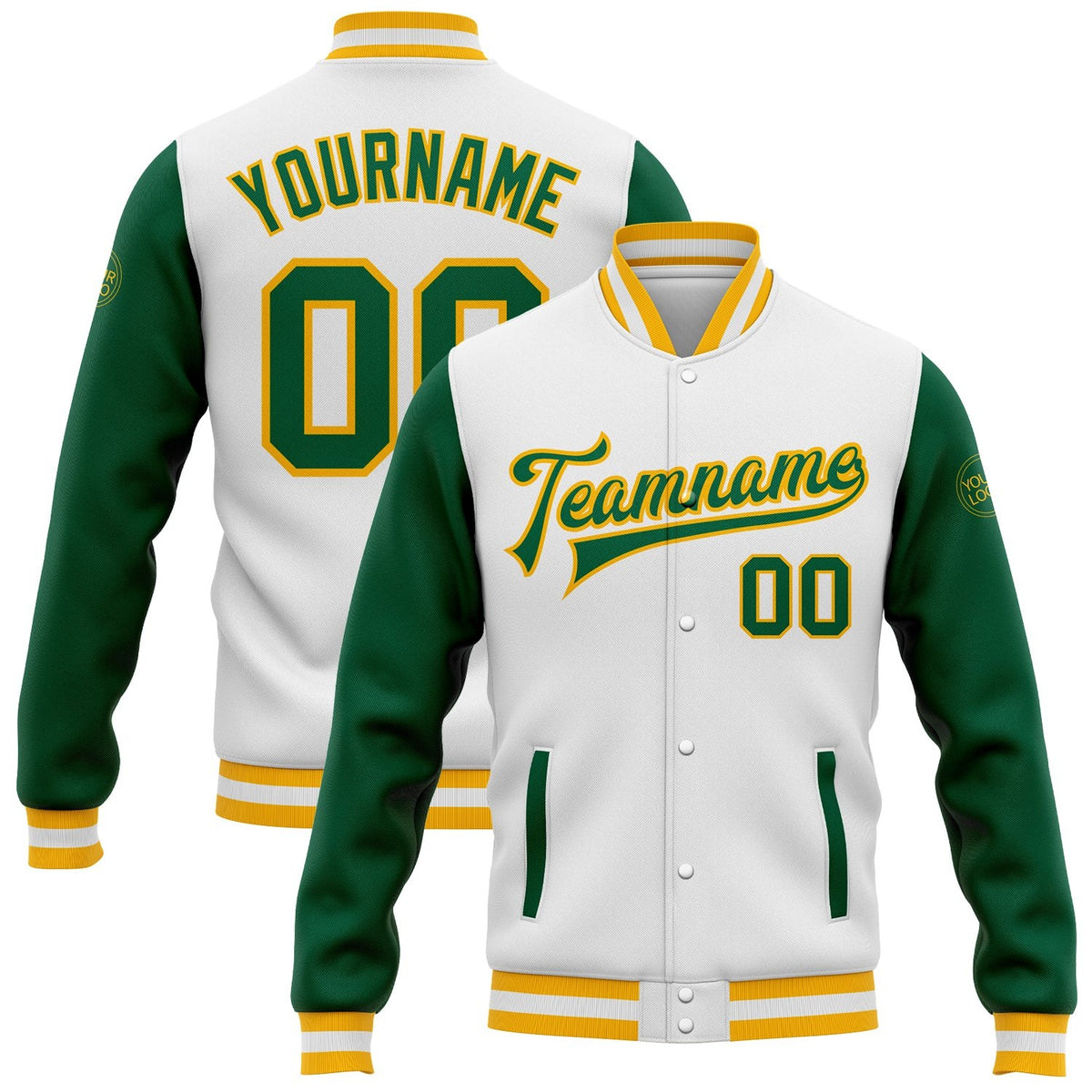 Custom White Kelly Green-Gold Bomber Full-Snap Varsity Letterman Two Tone Jacket photo 1
