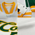 Custom White Kelly Green-Gold Bomber Full-Snap Varsity Letterman Two Tone Jacket photo 4