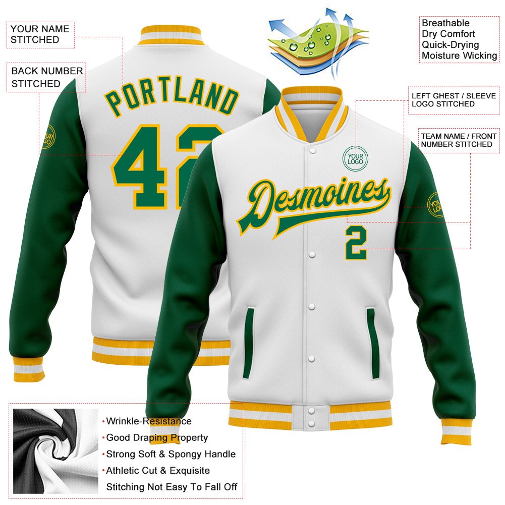 Custom White Kelly Green-Gold Bomber Full-Snap Varsity Letterman Two Tone Jacket photo 5
