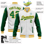 Custom White Kelly Green-Gold Bomber Full-Snap Varsity Letterman Two Tone Jacket photo 5