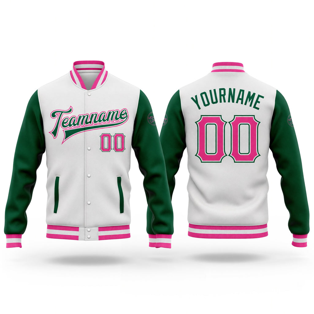 Custom White Pink-Kelly Green Bomber Full-Snap Varsity Letterman Two Tone Jacket