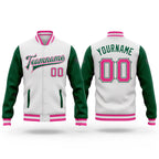 Custom White Pink-Kelly Green Bomber Full-Snap Varsity Letterman Two Tone Jacket