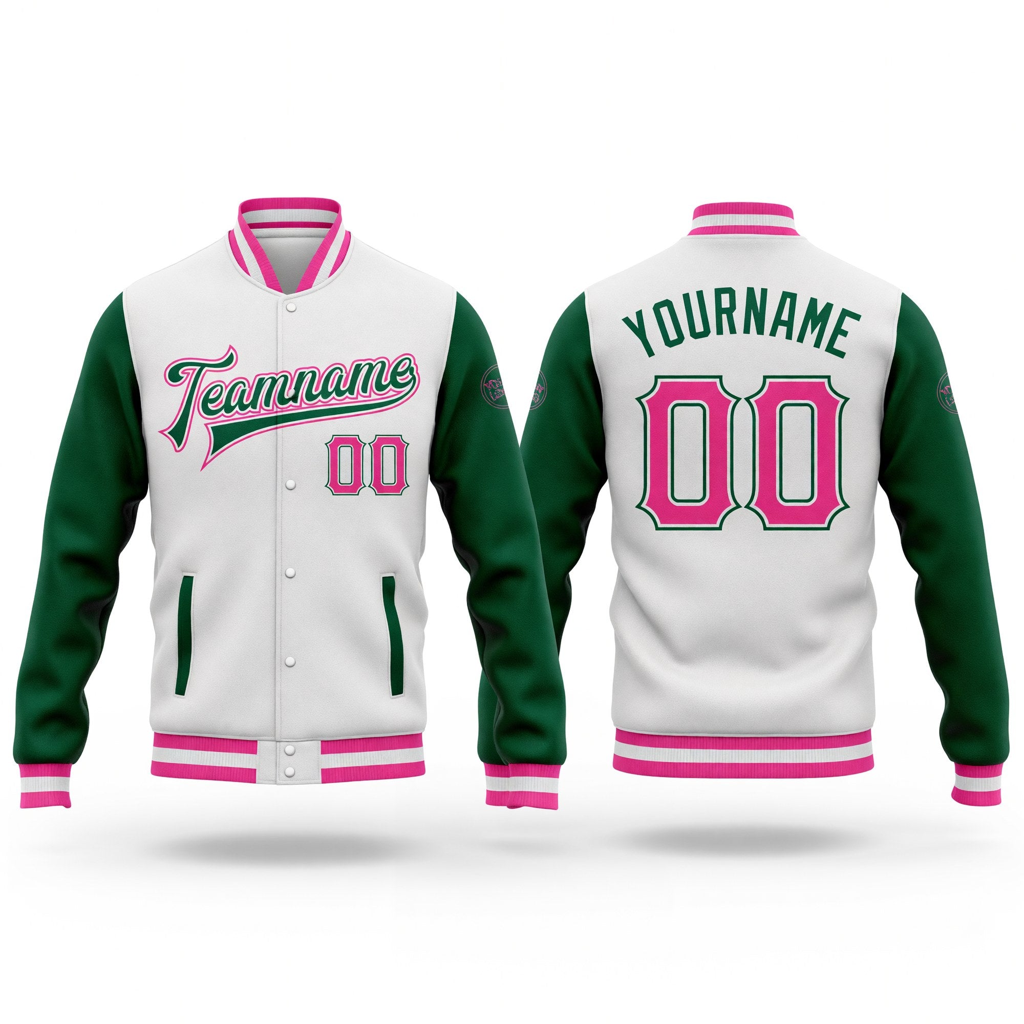 Custom White Pink-Kelly Green Bomber Full-Snap Varsity Letterman Two Tone Jacket