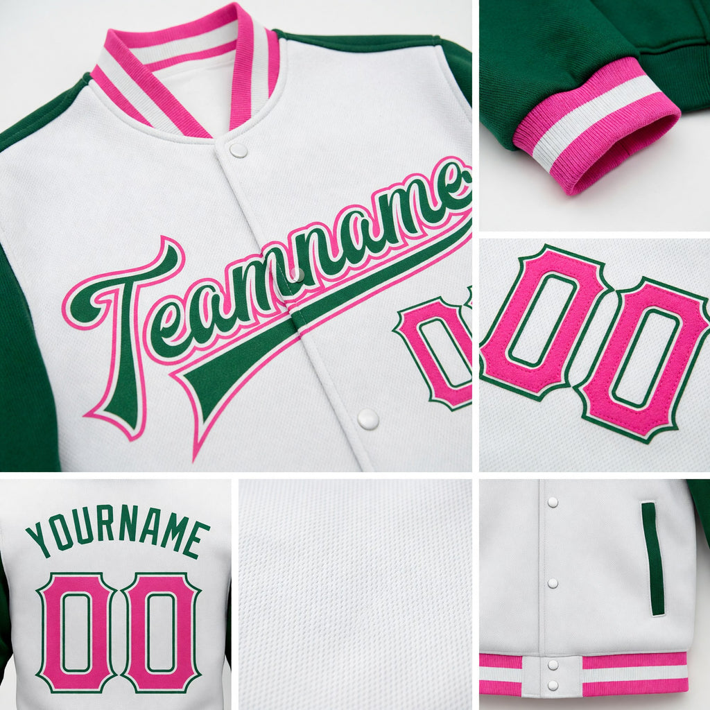 Custom White Pink-Kelly Green Bomber Full-Snap Varsity Letterman Two Tone Jacket detail