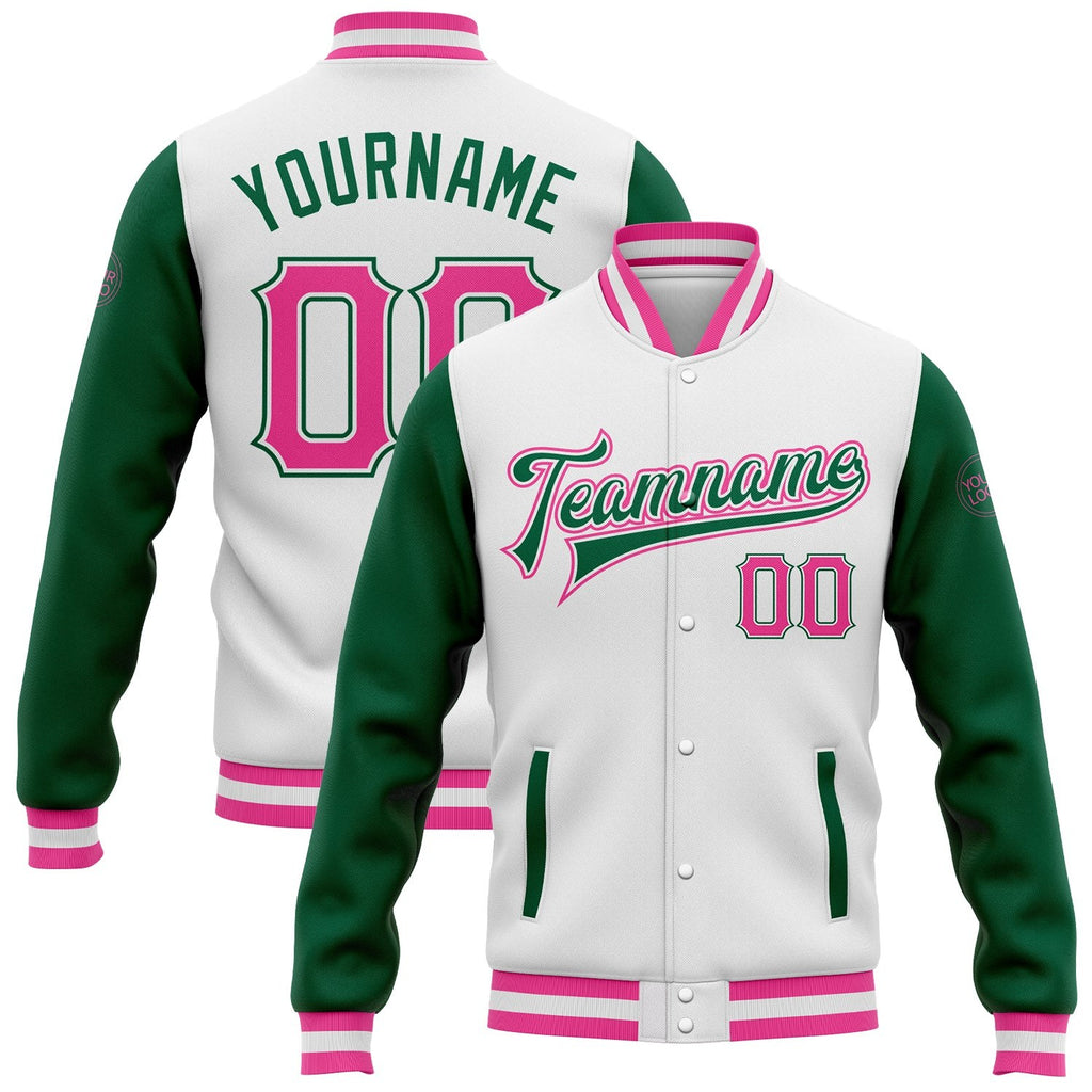 Custom White Pink-Kelly Green Bomber Full-Snap Varsity Letterman Two Tone Jacket photo 1