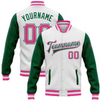 Custom White Pink-Kelly Green Bomber Full-Snap Varsity Letterman Two Tone Jacket photo 1