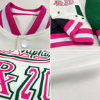 Custom White Pink-Kelly Green Bomber Full-Snap Varsity Letterman Two Tone Jacket photo 4
