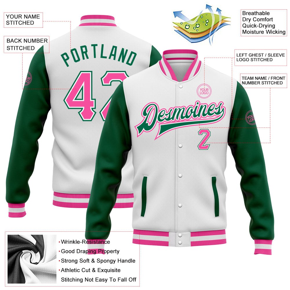 Custom White Pink-Kelly Green Bomber Full-Snap Varsity Letterman Two Tone Jacket photo 5