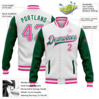 Custom White Pink-Kelly Green Bomber Full-Snap Varsity Letterman Two Tone Jacket photo 5