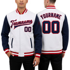 Custom White Navy-Red Bomber Full-Snap Varsity Letterman Two Tone Jacket worn front and back