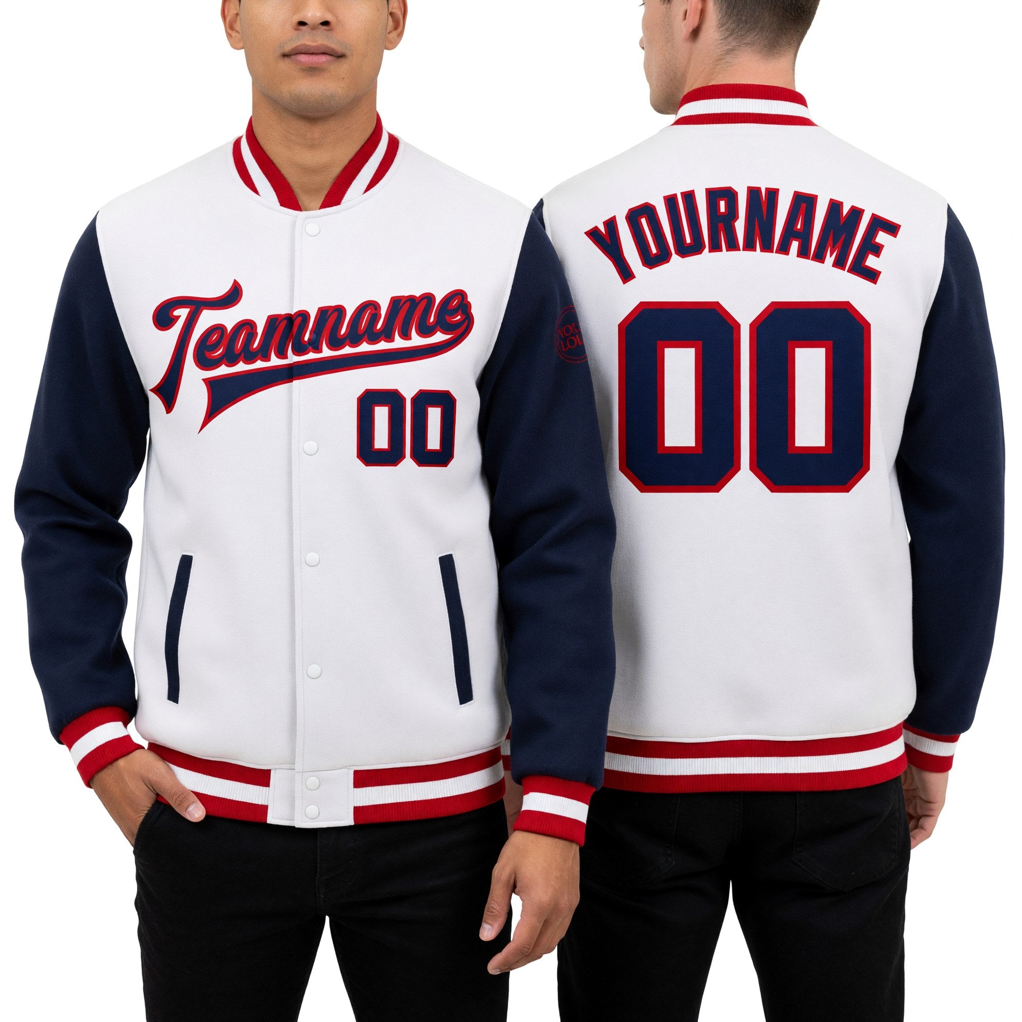 Custom White Navy-Red Bomber Full-Snap Varsity Letterman Two Tone Jacket worn front and back