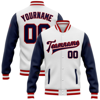 Custom White Full Snap Bomber Two Tone Varsity Jacket with Navy and Red Accents Design 0441