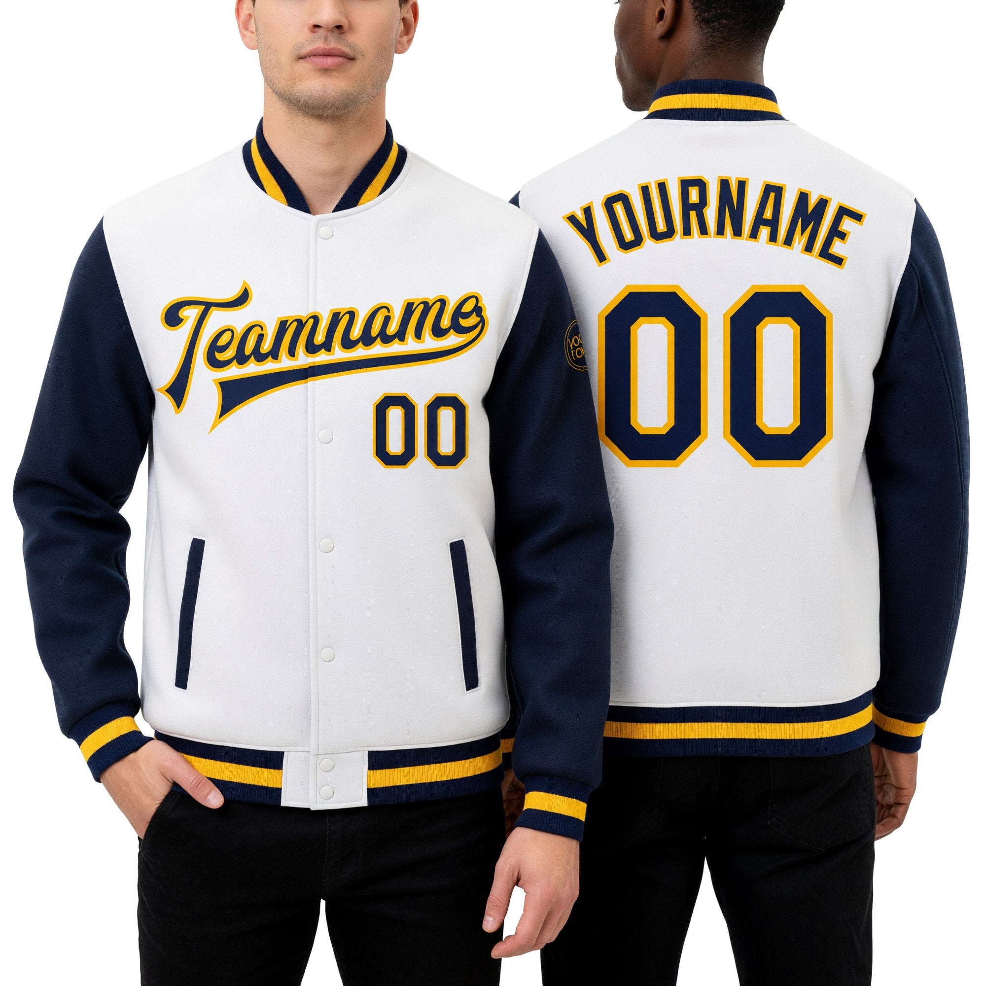 Custom White Navy-Gold Bomber Full-Snap Varsity Letterman Two Tone Jacket worn front and back