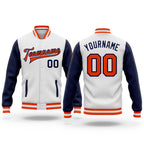 Custom White Orange-Navy Bomber Full-Snap Varsity Letterman Two Tone Jacket