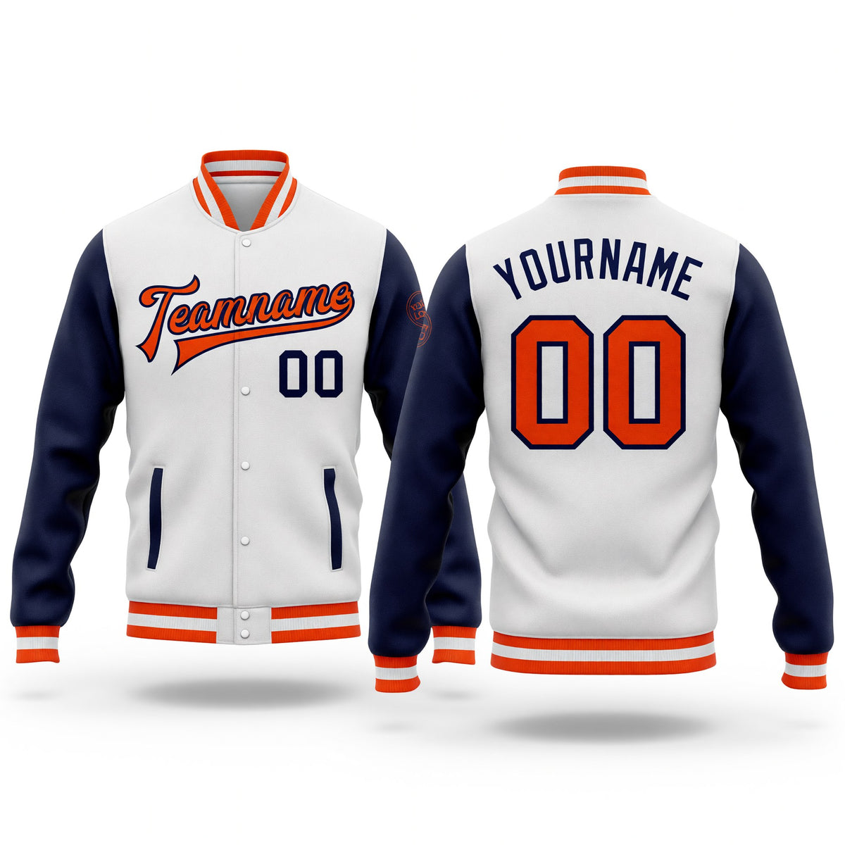 Custom White Orange-Navy Bomber Full-Snap Varsity Letterman Two Tone Jacket