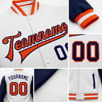 Custom White Orange-Navy Bomber Full-Snap Varsity Letterman Two Tone Jacket detail