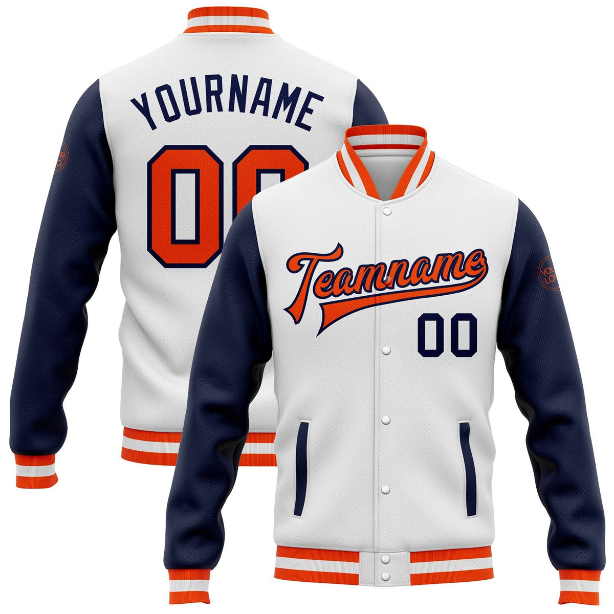 Custom White Orange-Navy Bomber Full-Snap Varsity Letterman Two Tone Jacket photo 1
