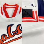 Custom White Orange-Navy Bomber Full-Snap Varsity Letterman Two Tone Jacket photo 4