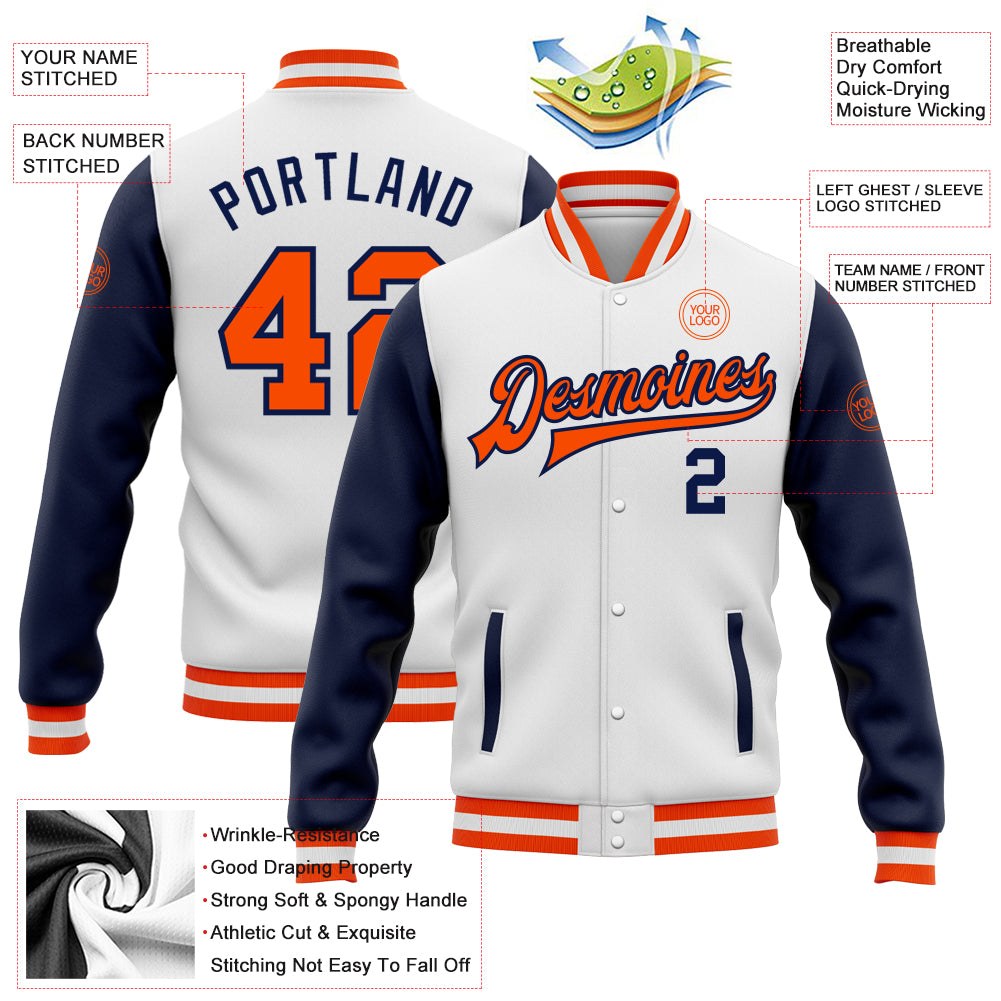 Custom White Orange-Navy Bomber Full-Snap Varsity Letterman Two Tone Jacket photo 5