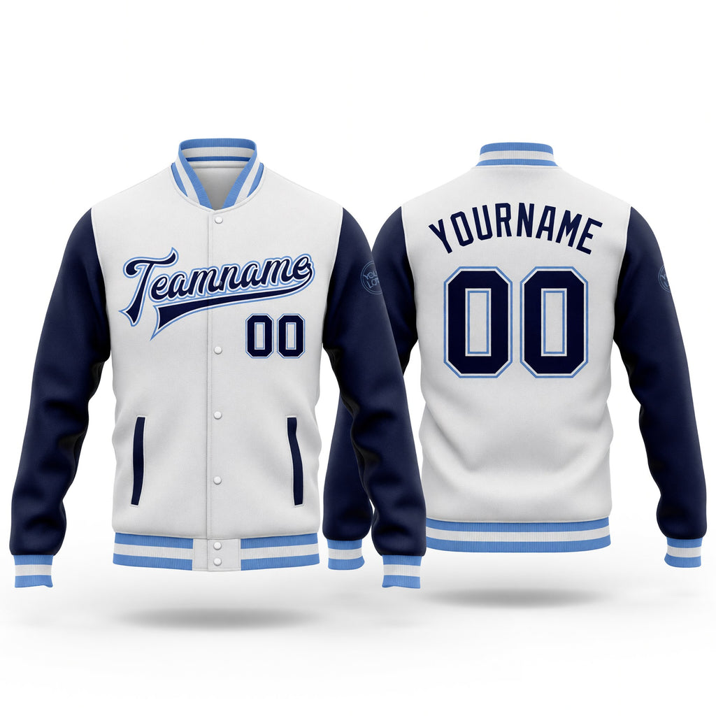 Custom White Navy-Light Blue Bomber Full-Snap Varsity Letterman Two Tone Jacket