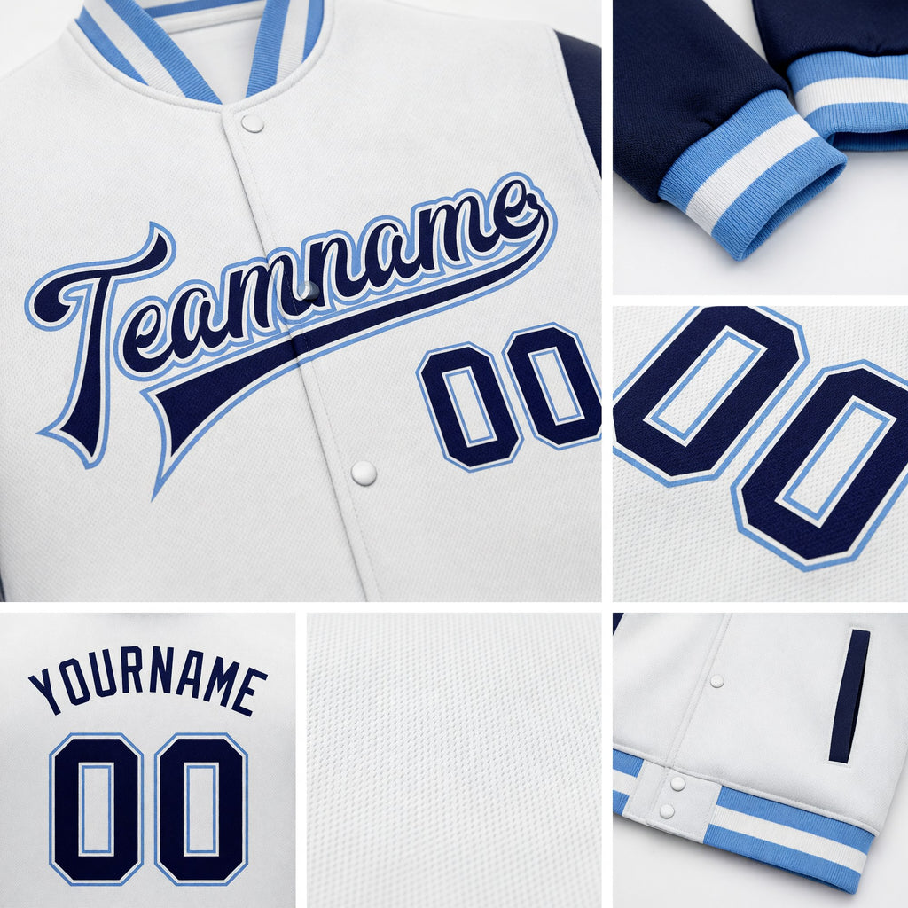 Custom White Navy-Light Blue Bomber Full-Snap Varsity Letterman Two Tone Jacket detail