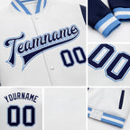 Custom White Navy-Light Blue Bomber Full-Snap Varsity Letterman Two Tone Jacket detail