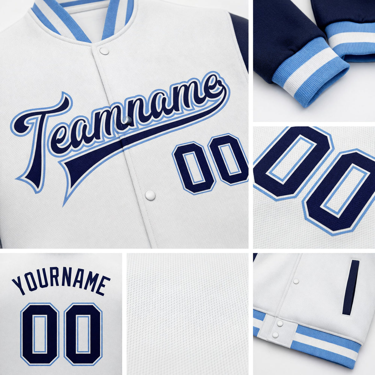 Custom White Navy-Light Blue Bomber Full-Snap Varsity Letterman Two Tone Jacket detail
