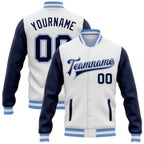 Custom White Navy-Light Blue Bomber Full-Snap Varsity Letterman Two Tone Jacket photo 1