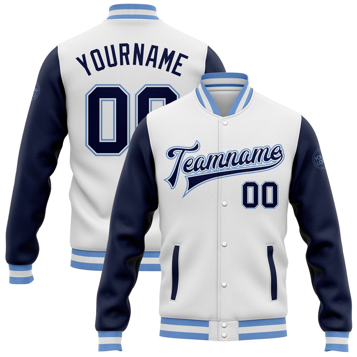 Custom White Navy-Light Blue Bomber Full-Snap Varsity Letterman Two Tone Jacket photo 1