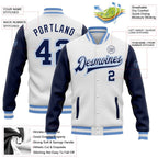 Custom White Navy-Light Blue Bomber Full-Snap Varsity Letterman Two Tone Jacket photo 5