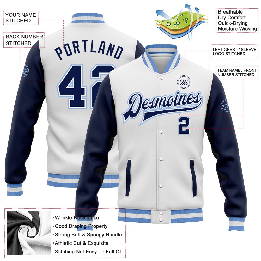 Custom White Navy-Light Blue Bomber Full-Snap Varsity Letterman Two Tone Jacket photo 5