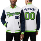 Custom White Neon Green-Navy Bomber Full-Snap Varsity Letterman Two Tone Jacket worn front and back